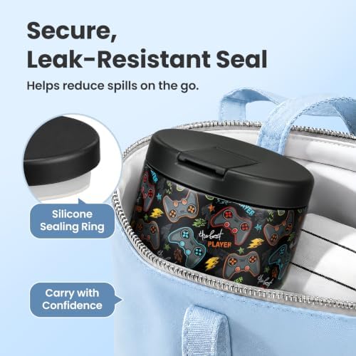 Pawtong 12oz Insulated Vacuum Food Jar with Buckle Lid Wide Mouth Soup Thermo for Hot Food Kids Leakproof Stainless Steel Lunch Container (Black-Game)