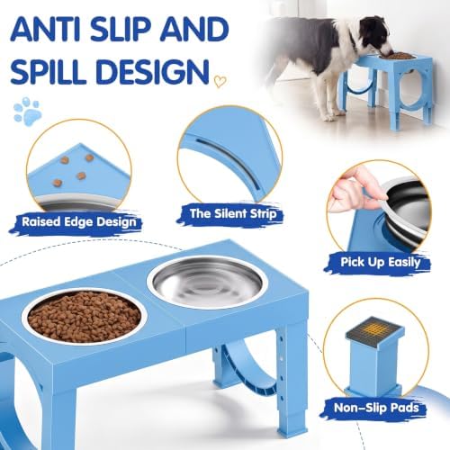 XIAZ Elevated Dog Bowls Large Breed Raised Dogs Bowl Stand Large/Medium Sized Dog Stainless Steel Food Water Bowl Stands 5 Heights Adjustable 9/11/12/15in Pet Feeder Dish Station