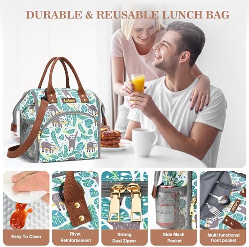 LOKASS Lunch Bag Insulated Lunch Box Wide-Open Lunch Tote Bag Large Drinks Holder Durable Nylon Snacks Organizer with Removable Shoulder Strap for Women Men Adults Work Outdoor,Sloth
