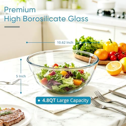 E-far 4.8QT Large Glass Mixing Bowl with Airtight Lid for Sourdough Bread