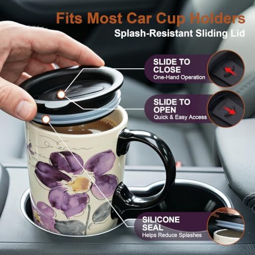 Topadorn Set of 2 Ceramic Travel Mugs with Lids, 17oz Floral Coffee Mug Set