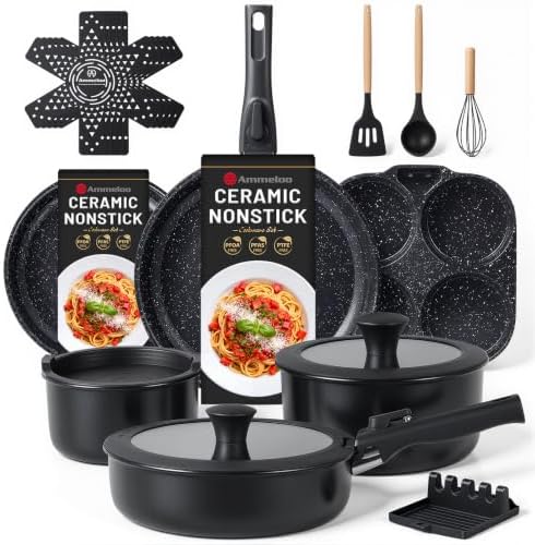 Ammeloo 21-Piece Ceramic Pots and Pans Set Non Stick with Detachable Handles and Egg Frying Pan, Non-Toxic Cookware, Induction Ready, Oven Safe, Stackable for Storage, Black Speckled