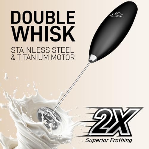 Zulay Kitchen Powerful Milk Frother Wand With Duracell Batteries - Ultra Fast Handheld Drink Mixer - Electric Whisk Foam Maker for Coffee, Lattes, Cappuccino & Matcha - Double Whisk - Royal Black