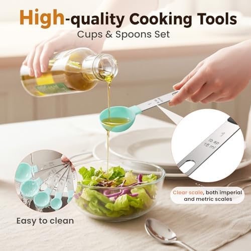 16PCS Measuring Cups and Spoons Set, Measuring Spoon Set with Metric and US Measurements, Fits for Measuring Dry and Liquid (Green)