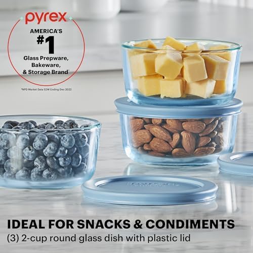 Pyrex Colors Tinted (6-PC SMALL) Small Round Food Storage Container Set, Snug Fit Non-Toxic Plastic BPA-Free Lids, Freezer Dishwasher Microwave Safe, 2 Cup (x3)