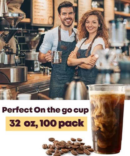Aatriet 100 Pack 32 oz Clear Plastic Cups, 32oz Disposable Iced Cold Coffee Cups, Sturdy Recylable Drinking Cup for Milkshake, Smoothie, Cocktail, Cold Drinks, Large Tumblers Wine Glasses for Wedding