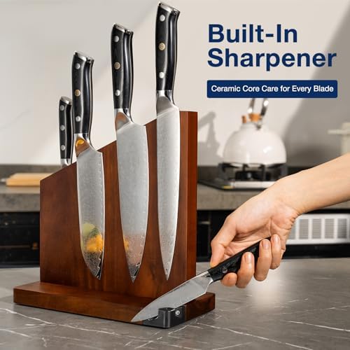 Gourmetop Magnetic Knife Block with Sharpener, Double Sided, Dark Acacia
