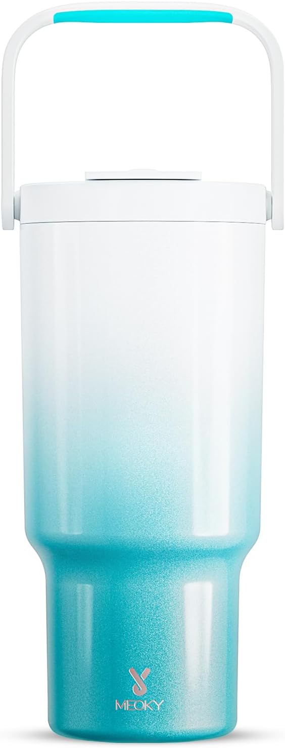 Meoky 32 oz Tumbler with Handle, Tumbler with Lid and Straw, Stainless Steel Travel Mug, 100% Leak Proof, Keeps Cold for 24 Hours, Fits in Car Cup Holder (Azure)