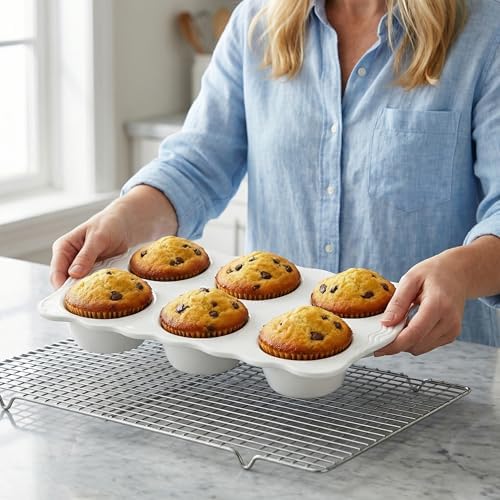 Hiceeden 2 Pack Ceramic Muffin Pans, 6 Cups Non-stick Muffin Tin Cupcake Baking Pans with Handles for Muffin Cakes, Egg Tarts, Mousse, Pot Pie, Jelly