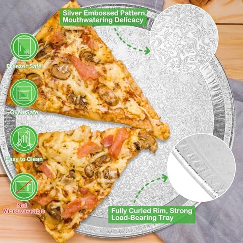 15 Pack Disposable Pizza Pans 12IN, Oven Safe, Aluminium Foil Serving Platters/Trays for Parties, Silver Embossed Foil Serving Dishes/Plates for Vegetable, Fruit, Slices of Cake, Cookies