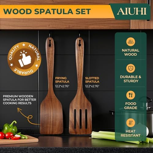 AIUHI Teak Wood Spatula for Cooking, Durable Flat Turner and Slotted Spatula for Nonstick Cookware, Long Handle Natural Wooden Cooking Utensils 2 Pieces