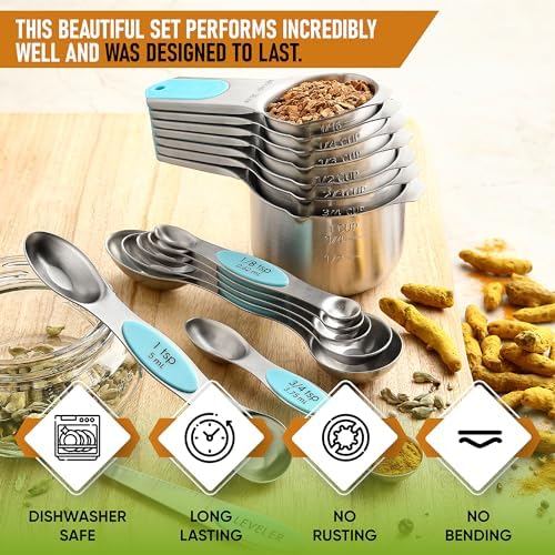 Spring Chef 15 Magnetic Measuring Cups & Spoons Set w/Levelers, Aqua Sky