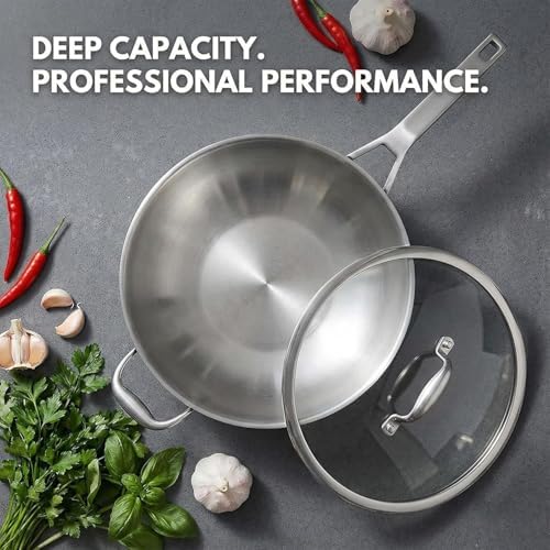 Inqibee 14 Inch Stainless Steel Wok Pan with Lid, Detachable Handle