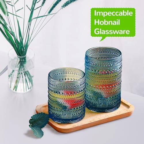 Vintage Hobnail Drinking Glasses Set of 12-14 oz Old Fashioned Glass Cups & 11 oz Cocktail Glasses, Aesthetic Kitchen Bar Tumbler Glassware Gifts Sets, Blue (12Pcs Blue XL)