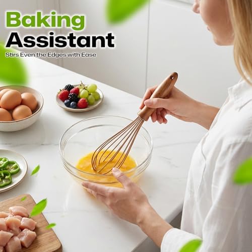 AIUHI Silicone Whisk with Wood Handle, 11.2" Balloon Egg Beater, Lightweight Kitchen Whisk for Blending Batter, Cream & Sauces