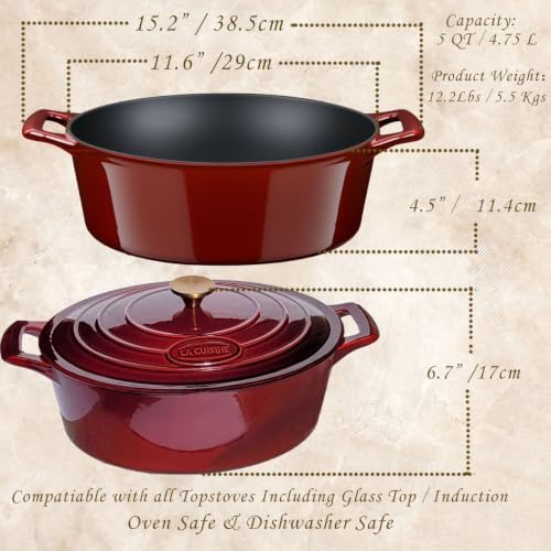 La Cuisine Enameled Cast Iron Oval Dutch Oven Casserole Dish Pot with Lid 5 QT Internal Matt Black Enamel Coating, Cranberry, Gold-Plated Stainless Steel Lid Handle, Oven Safe