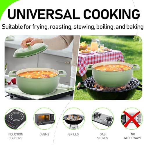 Bonnlo Round Dutch Oven, Enameled Cast Iron Dutch Oven Pot with Lid & Dual Handles, Oven Safe Up to 500° F, for Sourdough, Bread Baking, Stews and Roasting (Green, 5 Quart)