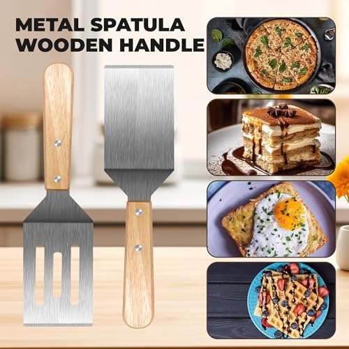 Stainless Steel Spatula Set, 2 pcs for Cast Iron Skillet with Wooden Handle