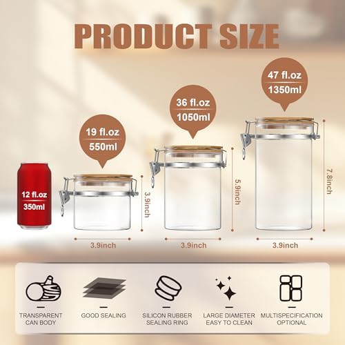 47 oz/1350ml Clear Glass Storage Canister with Airtight Bamboo Lid, Large Decorative Container Jar for Coffee Spice Candy Salt Tea Cookie Condiment Pepper Sugar Overnight Oatmeal Snacks