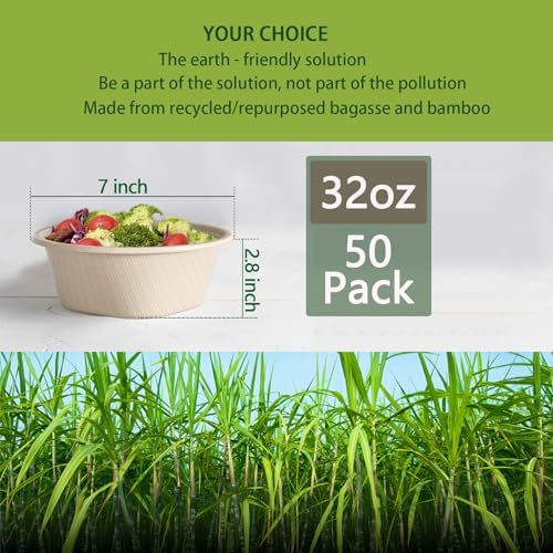 32 Oz Deep Paper Bowls Disposable Bowl - Disposable Heavy Duty Compostable Bowls, Eco-friendly Sugarcane Bagasse Biodegradable Bowl for Soup, Salad, Dessert, Ice Cream [50 Pack without Lids]