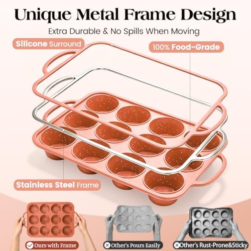 Vinino 2 Pack 12 Cups Silicone Muffin Pan with Stainless Steel Frame-Orange