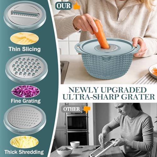 4-1 Colander with Bowl Set - Strainers for Kitchen(Patented), Food Strainers and Colanders, Pasta Strainer with New Upgraded Graters for Fruit, Veggie Washing, Aesthetic Cooking Present - Blue
