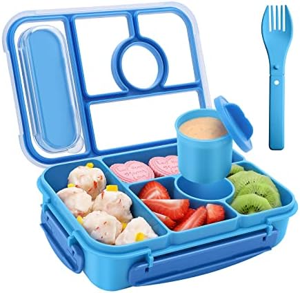 Amathley Bento Box Adult Lunch Box Kids,Lunch Containers for Adults/Kids/Toddler,5 Compartments Bento Lunch Box with Sauce Vontainers,Microwave & Dishwasher & Freezer Safe,BPA-Free (Blue)