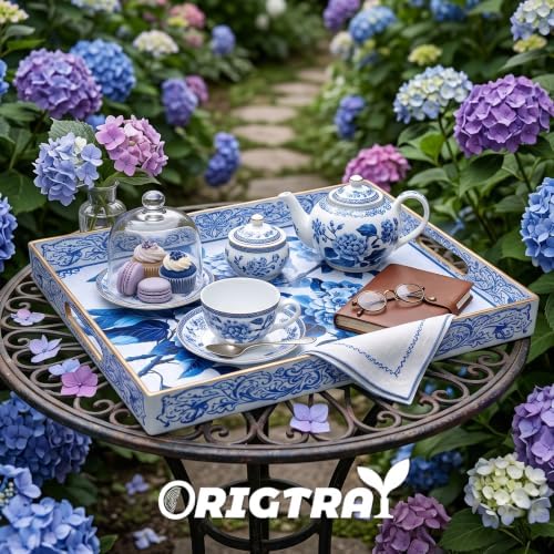 Serving Tray with Handles, Rectangular Plastic Tray 15.75x11.81 Inch, Decorative Tray for Kitchen, Dining Table, Vanity, Office & Home (Blue Hydrangea, 15.8" x 11.8" x 1.6")
