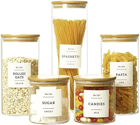 HHMJSM 5 Pcs Glass Food Storage Containers With 132 Pantry Labels Preprinted - Thicken(3mm) Jars Airtight Bamboo Lid Stackable Kitchen Canisters Set For Candy, Cookie, Rice, Sugar, Flour