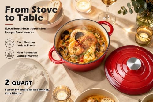 Leonyo 2-Quart Small Enameled Cast Iron Dutch Oven Pot with Lid, Red
