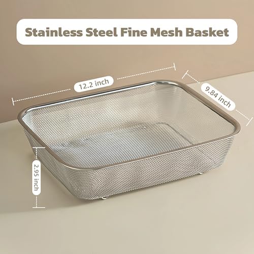 18/8 Stainless Steel Fine Mesh Strainer Basket with Feet, Rectangular Colander for Vegetables, Fruits, Pasta, Noodles – Rustproof, Durable & Easy to Clean (12.2 inch)