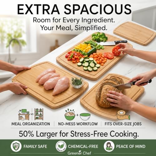SAFEST Extra Large Bamboo Cutting Board Set of 3 with Glue-Free Surface Technology - Extra Spacious Wood Cutting Boards for Kitchen and XL Chopping Board Set - Replacements for Life
