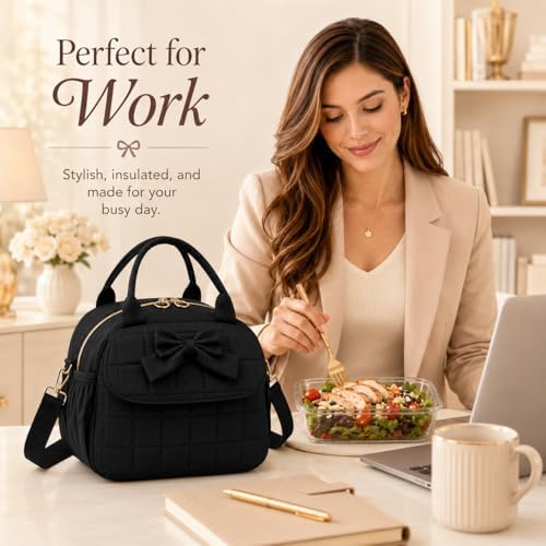 LEDAOU Lunch Box for Women Insulated Lunch Bag Corduroy Lunch Tote Bags Leakproof Cooler Lunch Case for Travel Work Picnic (A-Upgrade -Black)