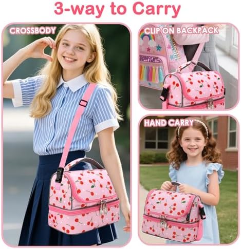 FlowFly Kids Double Decker Cooler Insulated Lunch Bag Large Tote for Boys, Girls, Men, Women, With Adjustable Strap, Cherry