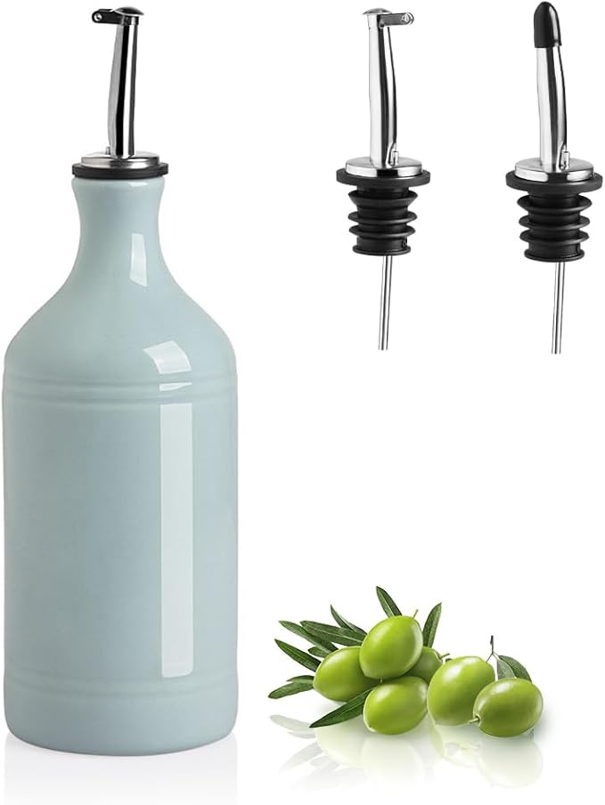 Sweejar Ceramic Olive Oil Dispenser Bottle, Opaque Oil Cruet Protects to Reduce Oxidation, Suitable for Storage Vinegar, Coffee Syrups & Other Liquids, Pack of 1, 15.5 Fl Oz(Light Blue)