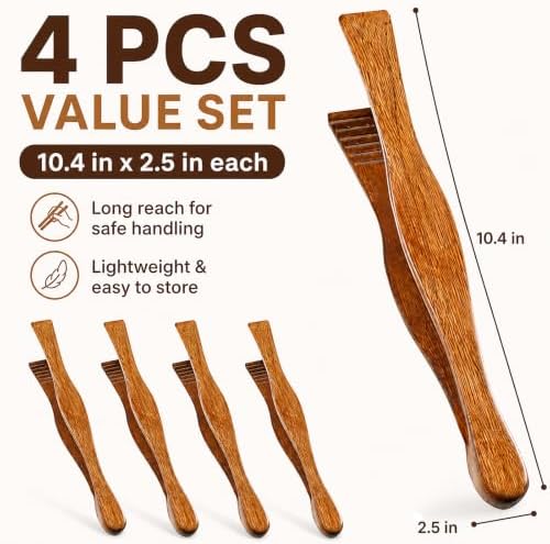 4 Pieces Wooden Toast Tongs 10.4" Reusable Bread Steak Kitchen Clamp Serving Tool Natural Wood Cooking Tong for Cooking and Holding Toast Cheese Bacon Muffin Fruits Bread BBQ
