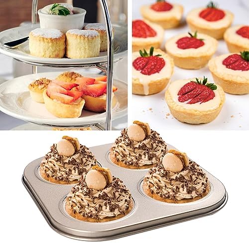 4-Hole Muffin Pan, Bakeware Non-stick Cupcake Baking Pan Mini Pie Pans, Heavy Duty Carbon Steel Muffin Tray Standard Baking Mold Pan for Oven Bakings (COLOR:Gold, 1pc)