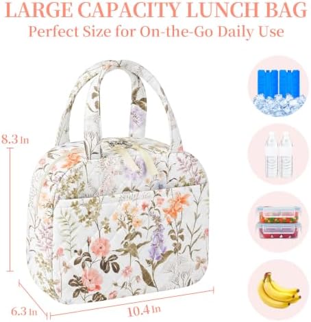 WOBAGMEN Quilted Lunch Box for Women,Coquette Aesthetic Lunch Box for Teen Girls,Cute Floral Lunch Bags for Work, School,Office,Picnic,Travel (Dewy Morning Garden)