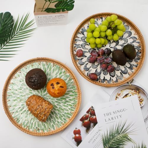 Round Rattan Tray with Mother of Pearl Inlay, Wooden Base