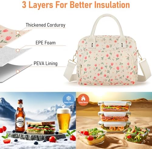 Lunch Bag Large Insulated Lunch Box for Women Men Adult Cute Pink Floral Lunchbox Corduroy Lunch Bags Boxes Pail with Shoulder Strap for Work Mom Picnic Office Travel 11.4×6.8×9.1 inches 11.5L Beige