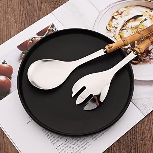 Serving Spoon and Fork Set, 304 Stainless Steel Serving Utensils with Natural Bamboo Handle, 10" Long Handle Serving Set for Kitchen Party Buffet, 4 Pieces / 2 of Each