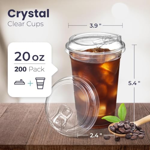 Fit Meal Prep 200 Pack 20 oz Clear Plastic Cups with Strawless Sip Lids, Disposable Plastic Coffee Cups with Lids, To Go Cups for Iced Coffee, Smoothies, Soda, Party Drinks, Bubble Tea, Cold Beverage