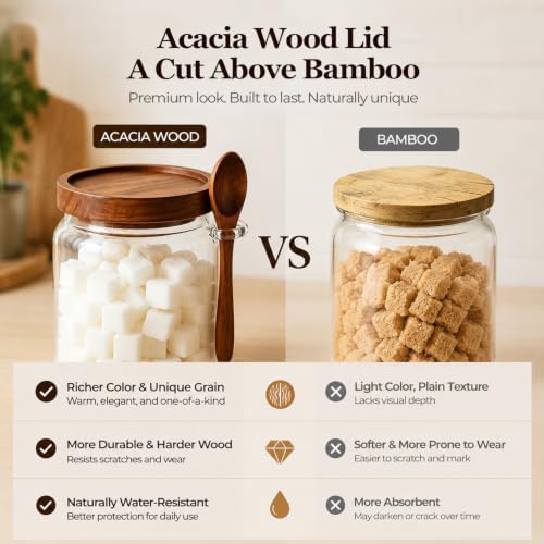 ComSaf Sugar Jars with Acacia wood Lids and Spoons 0.5Qt 2Pack, Decorative