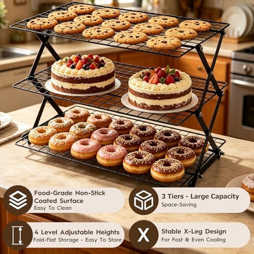 3-Tier Upgraded Stackable Cookie Cooling Rack-Collapsible Cooling Racks for Cooking And Baking Rack with Adjustable, Multifunctional Baking Cooling Rack for Cookies, Roasting, Countertop
