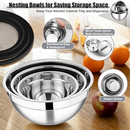 E-far Mixing Bowls with Lids and Graters, Stainless Steel Salad Mixing Bowl with Transparent Lid Set of 3, Metal Nesting Salad Storage for Kitchen Prepping/Serving/Baking, 4.6/2.6/1.5QT - Black