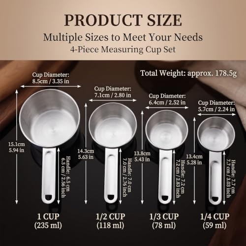 4PCS Stainless Steel Measuring Cups, Stackable Measuring Cup Set
