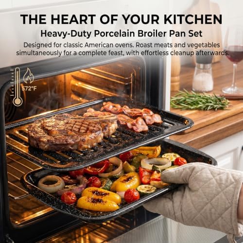 Broiler Pan for Oven16.75" ×13" Nonstick Grill Pan 5-Piece Set,Enamel Coated Drip Tray Heavy Duty Broil Pans and Rack Heat up to 572° F for Bacon Chicken Wings Steak Healthy Cooking Safe