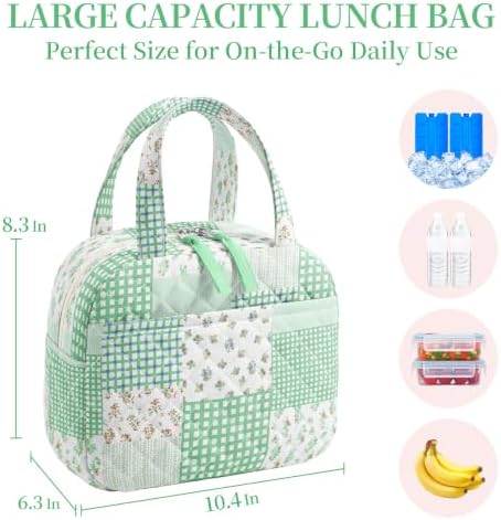 WOBAGMEN Quilted Lunch Box for Women,Coquette Aesthetic Lunch Box,Cute Green Patchwork Lunch Bags for Work,Office,Picnic,Travel(Green Patchwork)