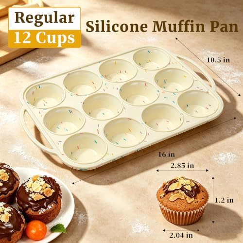 CAKETIME Silicone Muffin Pan, Metal Reinforced Frame Regular Size 2.8 Inch Cupcake Pan with Handle 12 Cups Nonstick Muffin Tray for Baking BPA Free 2 Pack