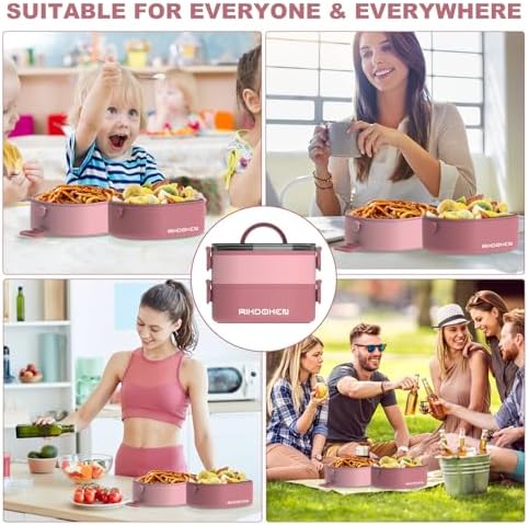 RIKDOKEN Lunch Box, Stackable 2 Layers Containers, Portable 64OZ Large Capacity Leakproof Bento Box with Spoon & Fork & Sauce Boxes, Microwave Safe Lunch Box for Kids and Adults